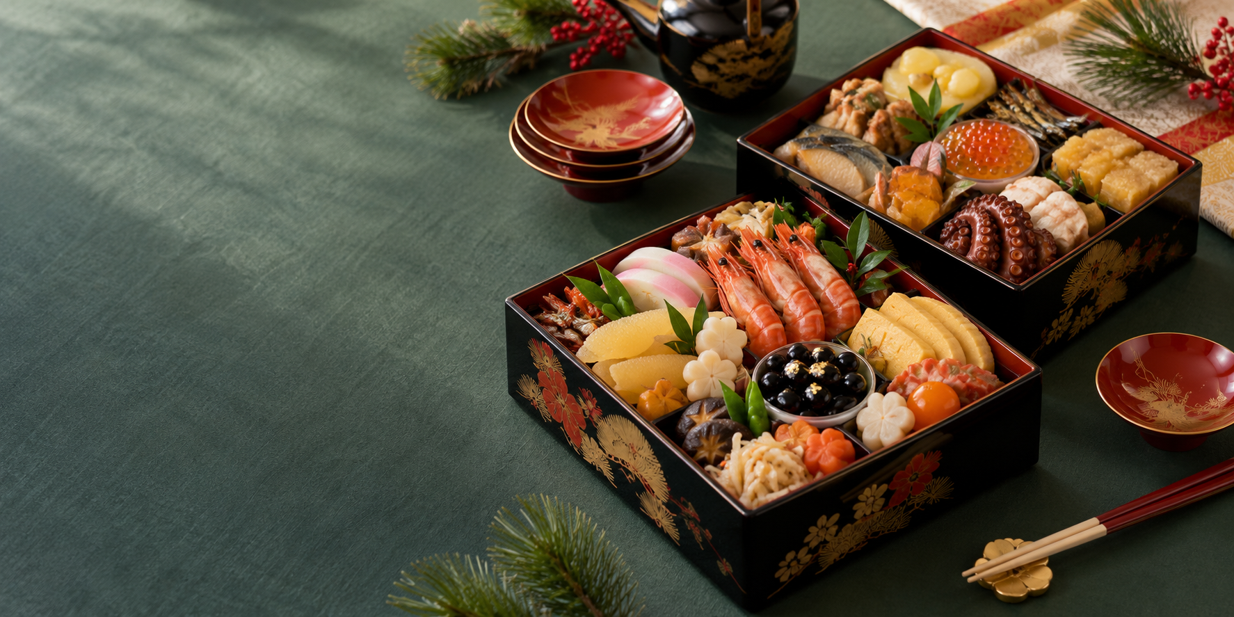 祝い膳のおせち料理を並べた比較ガイド用イメージ